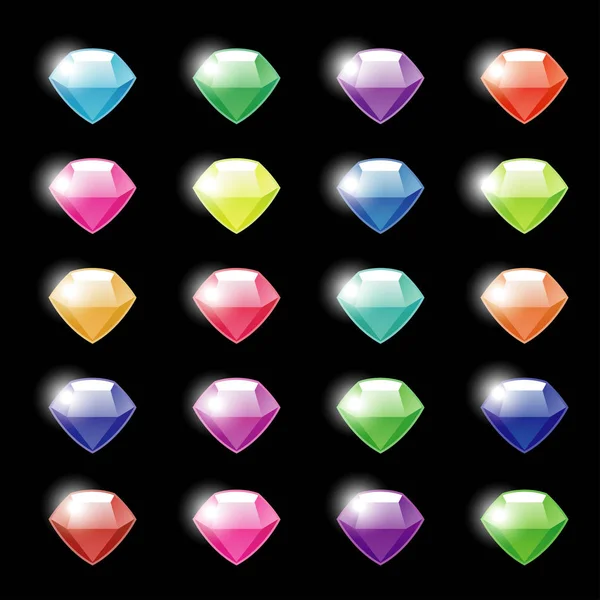 Gemas vectoriales de dibujos animados y diamantes engarzados en un estilo plano en diferentes colores. Piedras de diamante aisladas sobre fondo de color. Ilustración vectorial . — Vector de stock