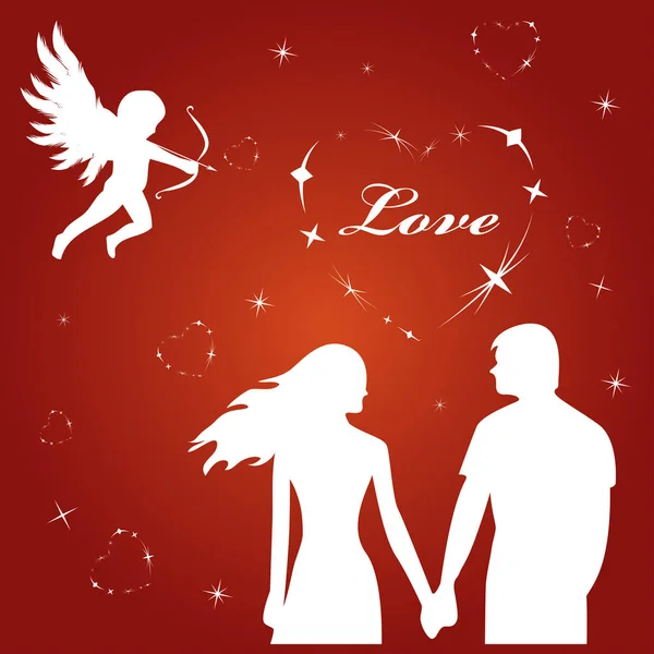 St. Valentine's Day. Vector. Background day Saint. Valentina. Red silhouettes of lovers on a white background. Silhouettes of loving couple — Stock Vector
