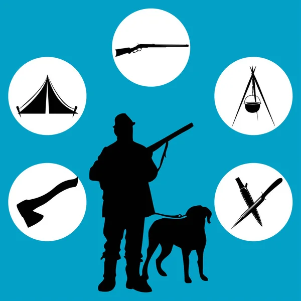 Caza pancartas cazador con rifle y perro en la caza del bosque para la ilustración vectorial cazador de municiones de alce — Vector de stock