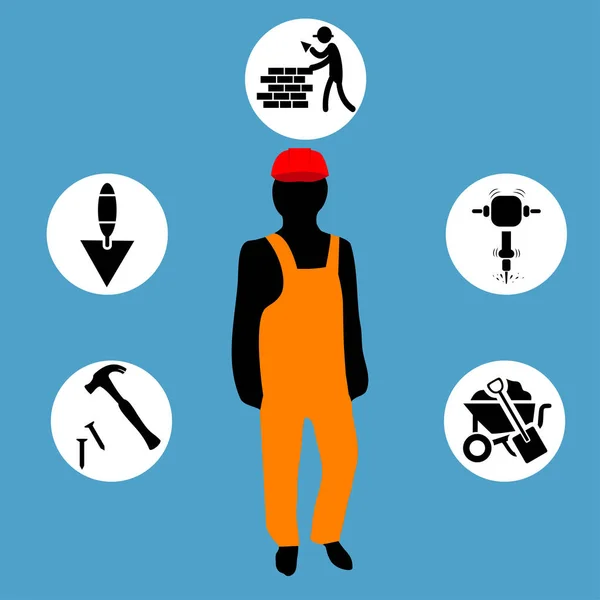 Operaio edile che indossa casco rosso e abiti da lavoro complessivi che lavorano con diversi strumenti. Set di sei caratteri vettoriali isolati su sfondo blu — Vettoriale Stock