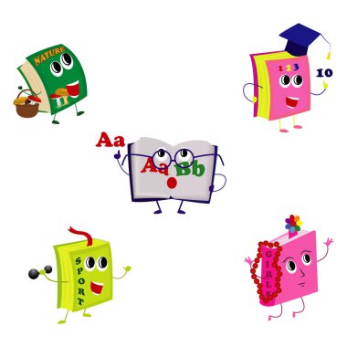 Komik kitap karakter, maskotlar kümesini, vektör illüstrasyon izole beyaz arka plan üzerinde çizgi film. Gülümseyen yüzler, kollar ve bacaklar, okul, eğitim kavramı, ile insanlaşmış, çocukça kitaplar tasarım öğeleri