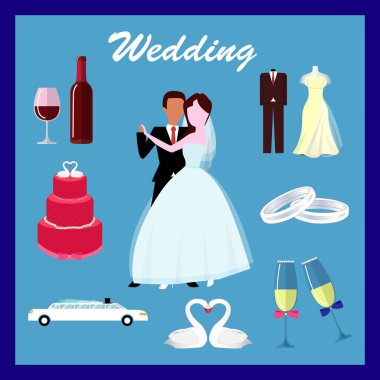 Simgeler düğün ayarlayın. Tören, Araba, elbise ve damat gelin. Düz tasarlamak vektör