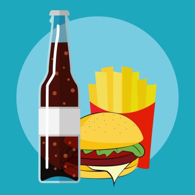 düz simge take away seti, cola hamburger ve patates kızartması ile