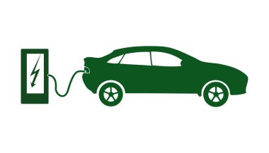Elektrikli otomobil simge vektör çizim. Elektrikli otomobil ve şarj istasyonu yan görünüm
