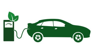 Elektrikli otomobil simge vektör çizim. Elektrikli otomobil ve şarj istasyonu yan görünüm