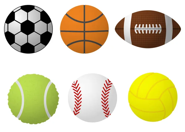 Sammlung von Bällen, Sportbällen, Vektorball, weißem Hintergrund, Volleyball, Basketball, Tennis, American Football, Baseball, Fußball — Stockvektor