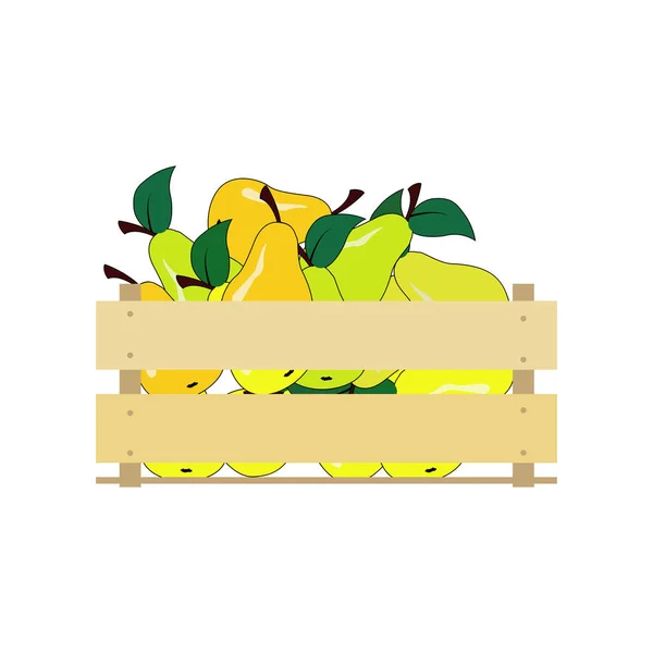 Illustrazione vettoriale di una scatola di legno con pere gialle. Cassa isolata su sfondo bianco . — Vettoriale Stock
