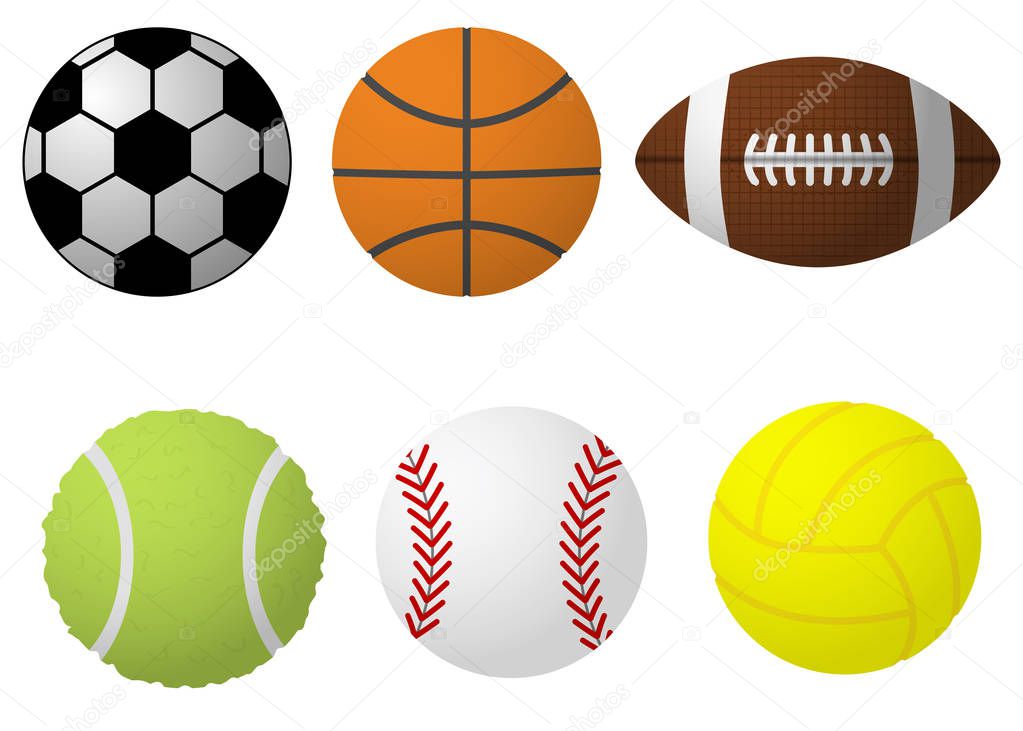 collection of balls,sports balls, vector ball,white background,volleyball,basketball,tennis,American football,baseball,soccer
