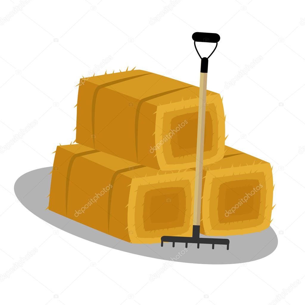 Flat dried haystack with hayfork isolated on whit background. Farming haymow bale hayloft ve?tor illustration