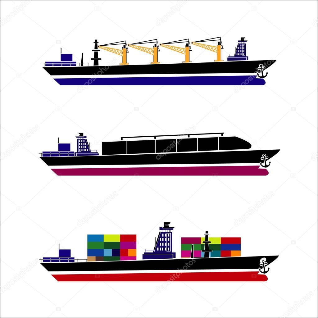 Cargo ships. Oil tanker, bulk carrier, container ship. Commercial vessels. Goods delivering business industry. Freight ships side view isolated. Vector illustration