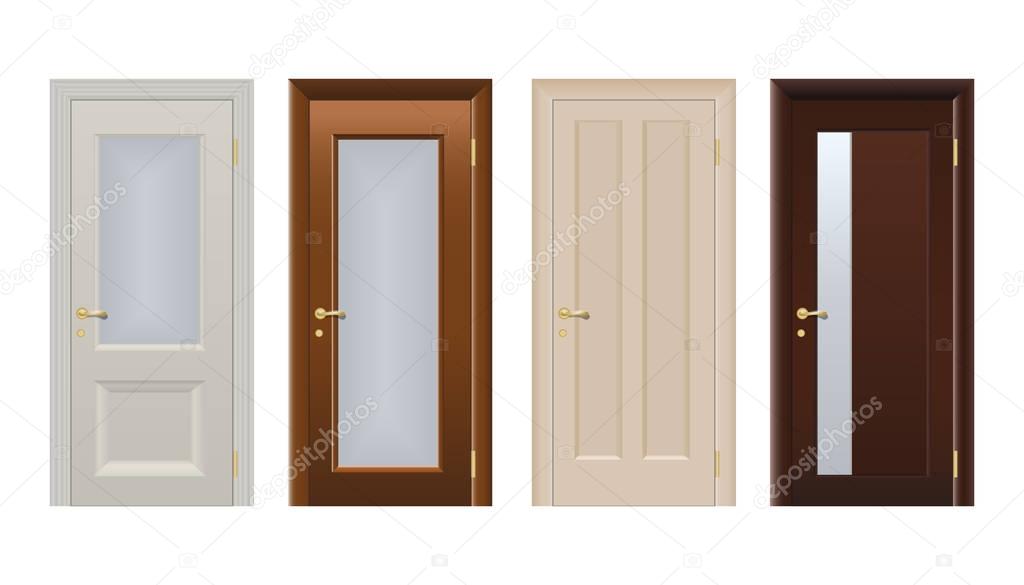 Colorful front doors to houses and buildings set in flat design style isolated, vector illustration. Set of modern colored doors isolated on white. Closed elegant doors isolated, decoration .