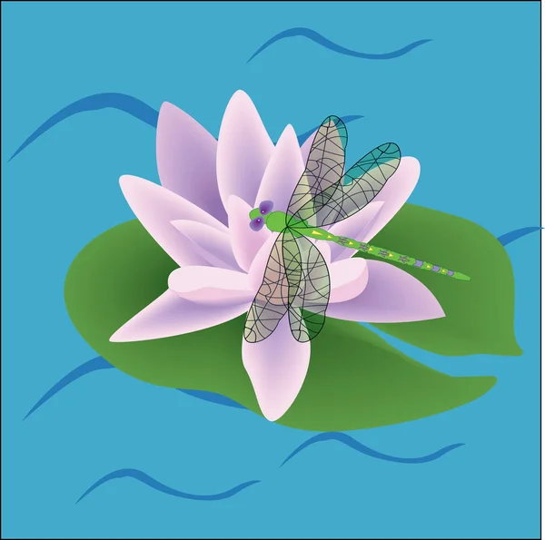Color rosa flor de loto en hojas vector dibujo — Vector de stock