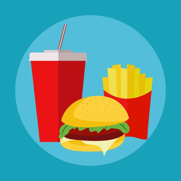 Icono plano para llevar conjunto, cola con hamburguesa y papas fritas — Vector de stock