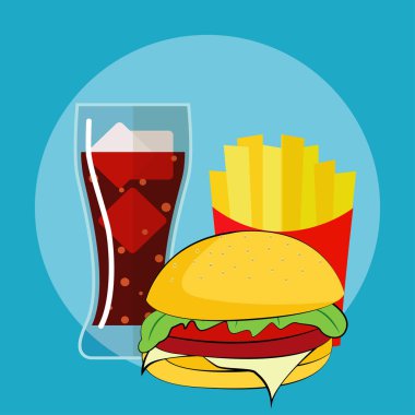 düz simge take away seti, cola hamburger ve patates kızartması ile