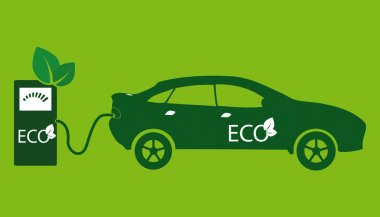 Elektrikli otomobil simge vektör çizim. Elektrikli otomobil ve şarj istasyonu yan görünüm