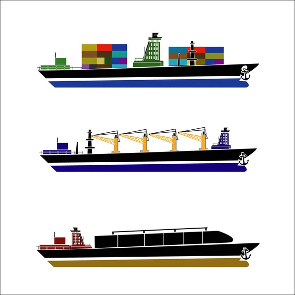 美丽的平四色装的集装箱船装饰元素现代全球货运的设计元素。理想的装运和国际贸易信息图表和 web 文章 — 图库矢量图片