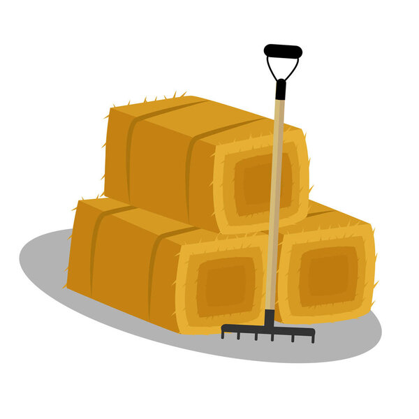 Плоский сушеный стог сена с вилами изолированы на белом фоне. Сельское хозяйство на сеновале из тюка
