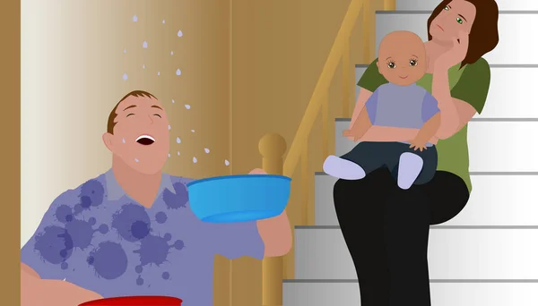 Famiglia che si occupa di una perdita d'acqua nel soffitto, illustrazione vettoriale EPS 8, nessuna trasparenza — Vettoriale Stock