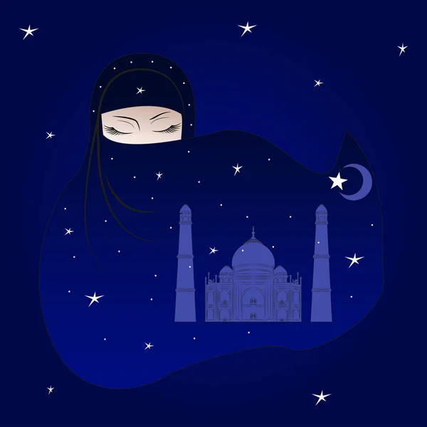 Animazione donna araba in un burqa. Il cielo stellare notturno sulla città . — Vettoriale Stock