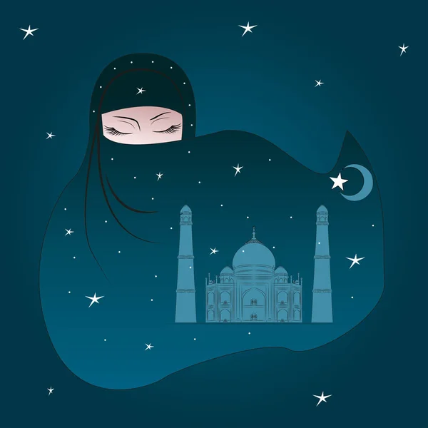 罩袍的动画阿拉伯女人。在城市上空的恒星夜空. — 图库矢量图片