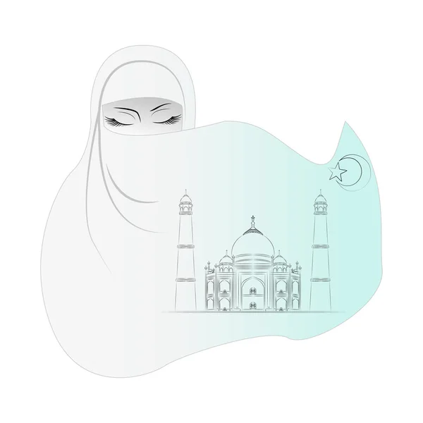 Burqa에 아랍 여자입니다. 도시의 화려한 밤하늘. — 스톡 벡터