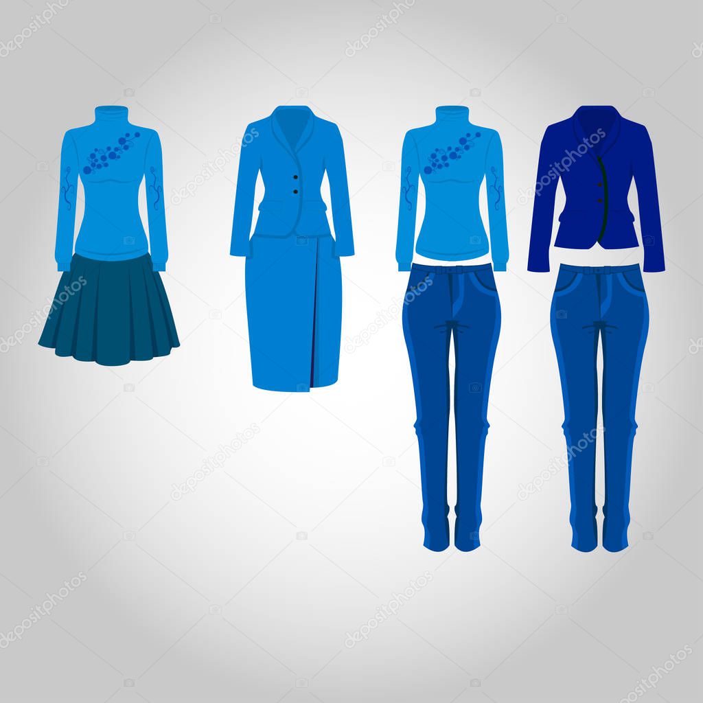 Set of women's clothes and accessories icons.