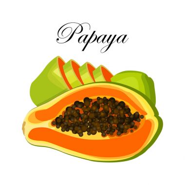Parlak tropikal meyve - papaya, tam veya yarım bir Seksiyonel tohumlar üzerinde beyaz bir arka plan ile. Vektör çizim.