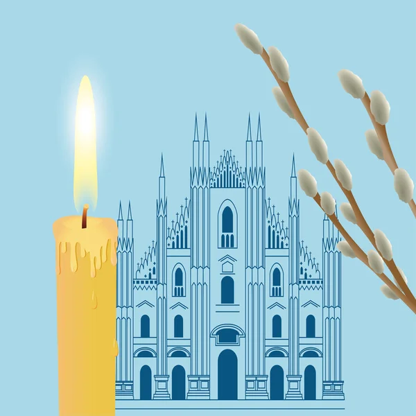 柳の枝と大聖堂の近くの非常に熱い蝋燭 — ストックベクタ