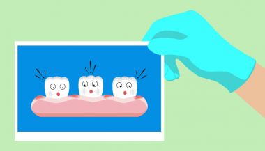 Vektör karikatür diş hissediyorum şok çünkü gingivitis kan, diş konsept illüstrasyon.
