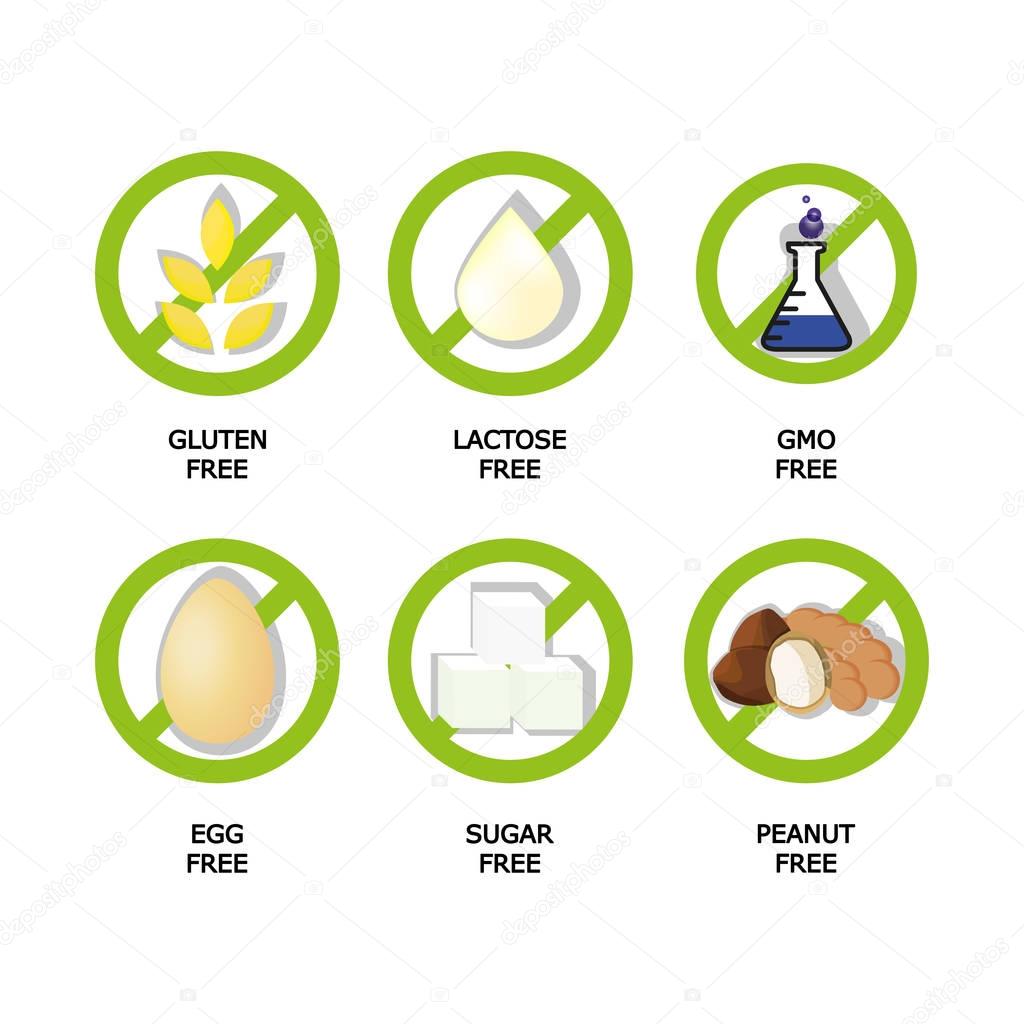 Set of food dietary labels for GMO free, sugar free and allergen free products. EPS 10. CMYK