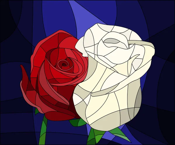 Illustration en vitrail avec des fleurs et des feuilles de rose rouge sur fond brun dans un cadre lumineux — Image vectorielle