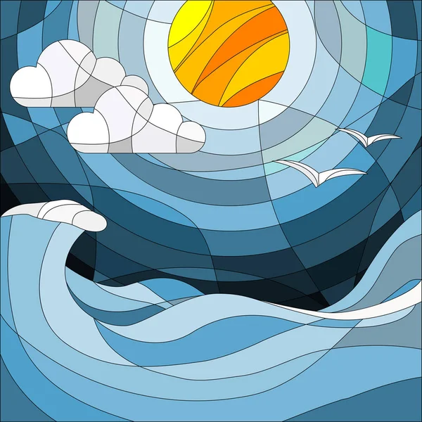 Εικονογράφηση στο λεκιασμένο γυαλί στυλ με θαλασσινό τοπίο, θάλασσα, σύννεφο, ουρανό και ήλιο — Διανυσματικό Αρχείο