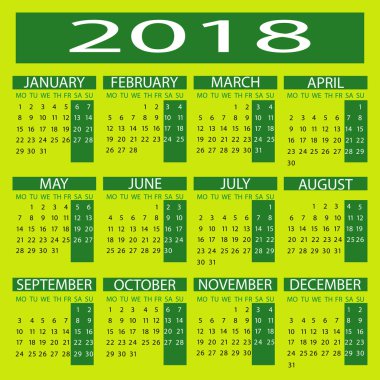 Takvim 2018 yıl vektör tasarım şablonu. Basit 2018 yıl takvim. Vektör daire takvim 2018. Hafta Pazar başlayıp, Cumartesi günü sona erer. Sans serif kalın stil yazı tipi