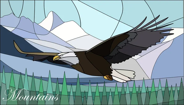Απεικόνιση σε στυλ γυάλινη με βουνά και αετός — Διανυσματικό Αρχείο