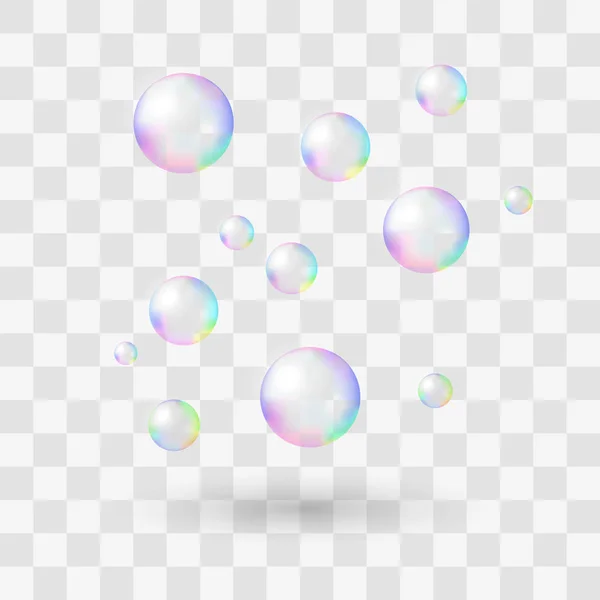 Bulles de savon réalistes avec ensemble de réflexion arc-en-ciel illustration vectorielle isolée — Image vectorielle