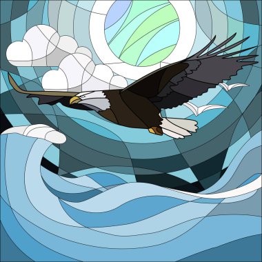 Vitray tarzı muhteşem kartal ve arka plan gece yıldızlı gökyüzü ve bulutlar ayda çizimde