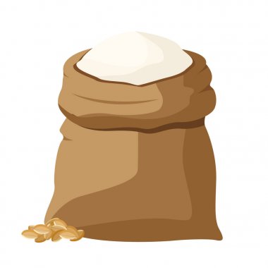 Bir torba un ve bir kürek, buğday, buğday kulaklar. Vektör çizim.