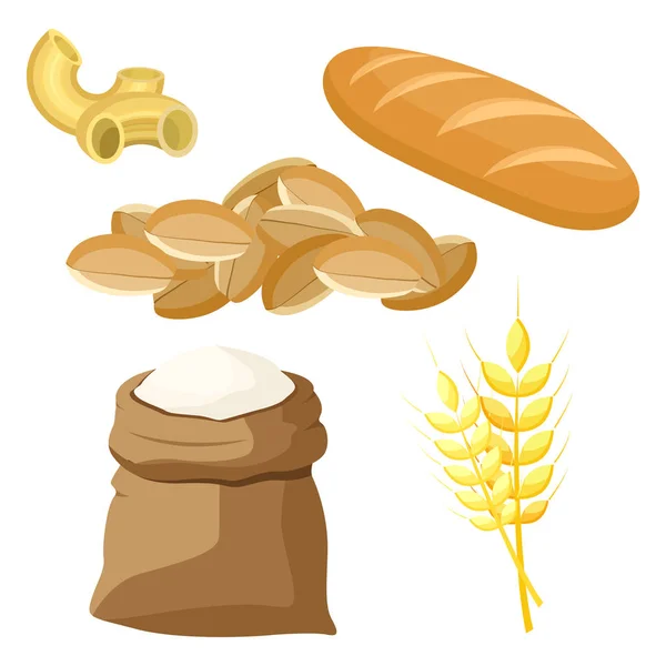Tematyczne zestaw produktów spożywczych z pszenicy i mąki. Ilustracja wektorowa. — Wektor stockowy
