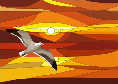 Günbatımı vitray pencere bulutlarda ile vektör çizim.