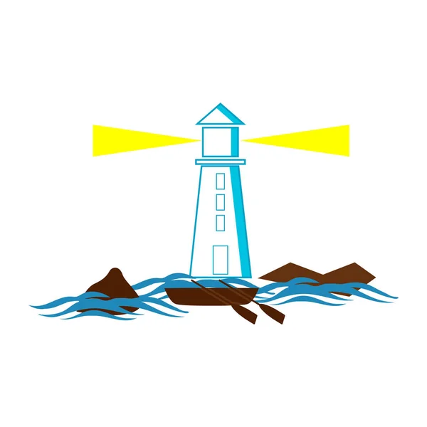 Farol com montanhas e barco no mar — Vetor de Stock