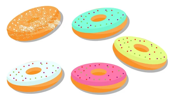 Sweet donuts with different glaze and powder — Stock Vector