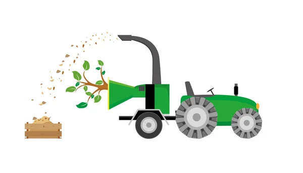 Tree through wood chipping machine chipper, cleanup, equipment, — Stock Illustration Tree through wood chipping machine chipper, cleanup, equipment, Vector Graphics