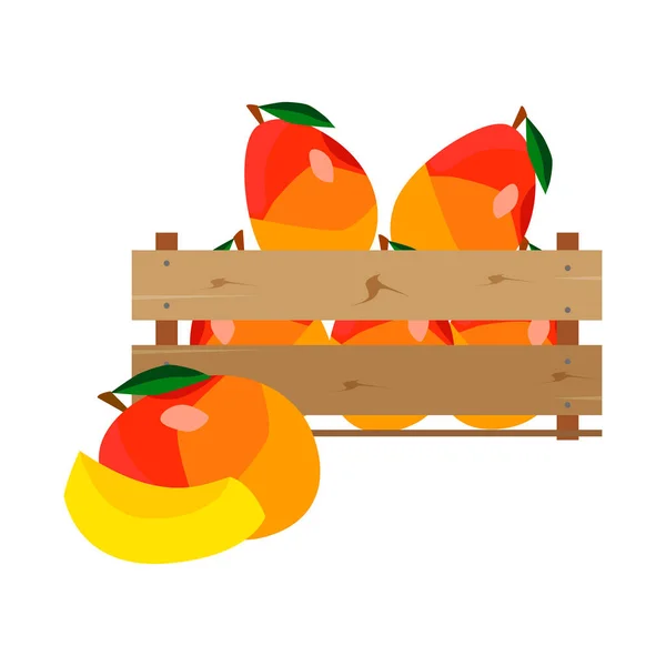 Låda med mango, trä, frukt, färska, naturliga, — Stock vektor