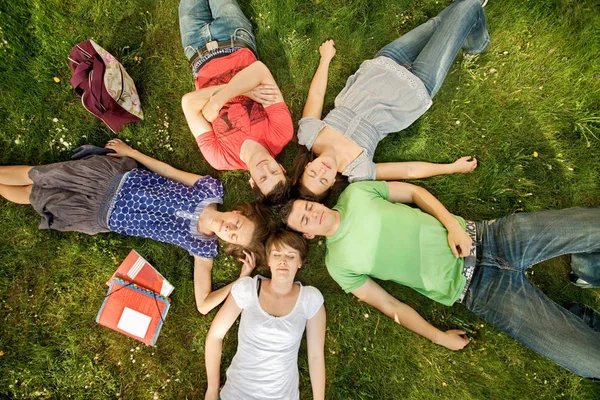 Vijf studenten ontspannen in een park — Stockfoto