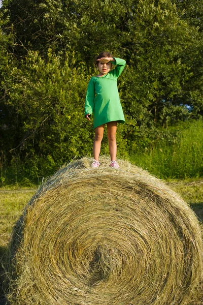 Menina de pé no palheiro — Fotografia de Stock