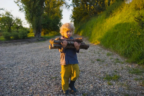 Günlükleri taşıyan çocuk — Stok fotoğraf