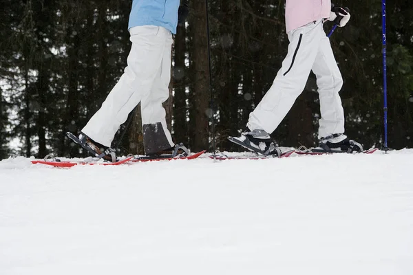 Duas mulheres andando em sapatos de neve — Fotografia de Stock
