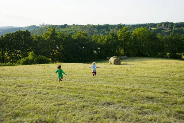 Niños corriendo por un campo — Foto de Stock