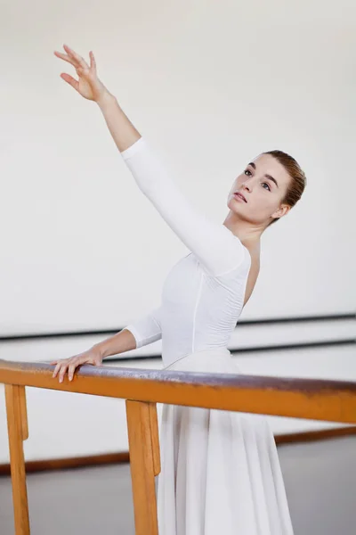 Bailarina de ballet posando en la barra — Foto de Stock