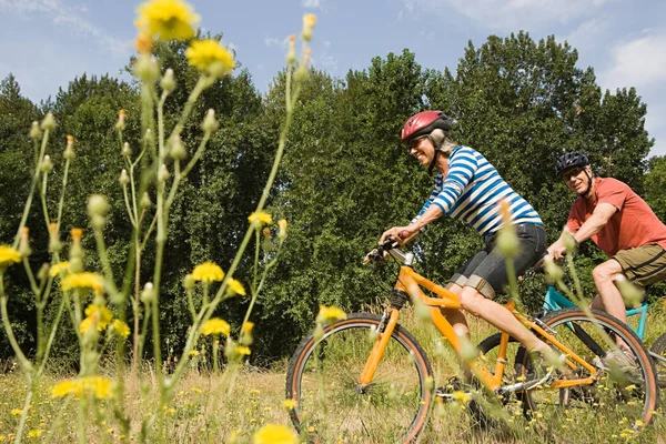 Par cykling genom fältet — Stockfoto